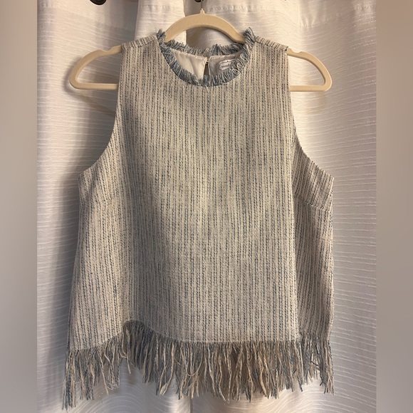Fringed Sleeveless Top - Cream and Blue - Picture 1 of 9
